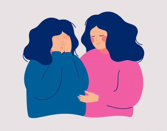 Young woman comforting her crying best friend. Depressed girl co Young woman comforting her crying best friend. Depressed girl covering face with hands and her girlfriend consoling and care about her. Help and support concept. Hand drawn style vector design illust