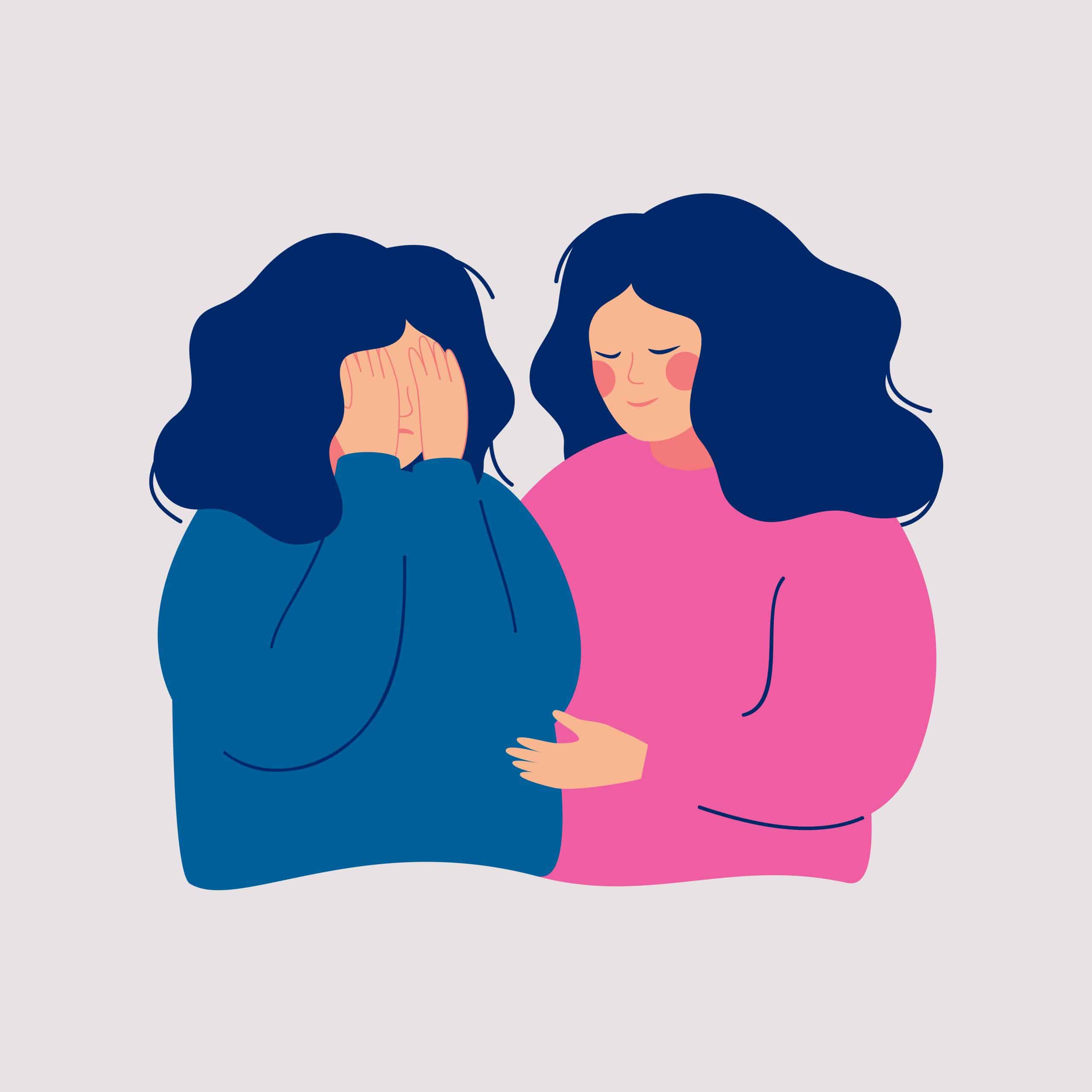 Young woman comforting her crying best friend. Depressed girl covering face with hands and her girlfriend consoling and care about her. Help and support concept. Hand drawn style vector design illust